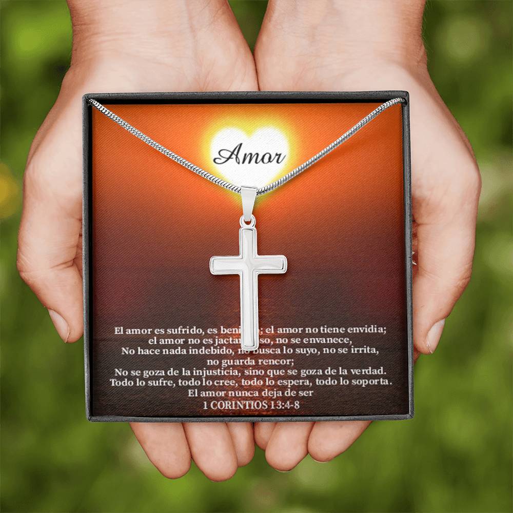 Scripture Card Christian Encouragement Spanish Message 1 Corintos 13:4-8 Cross Card Necklace w Stainless Steel Pendant Religious Gift-Express Your Love Gifts