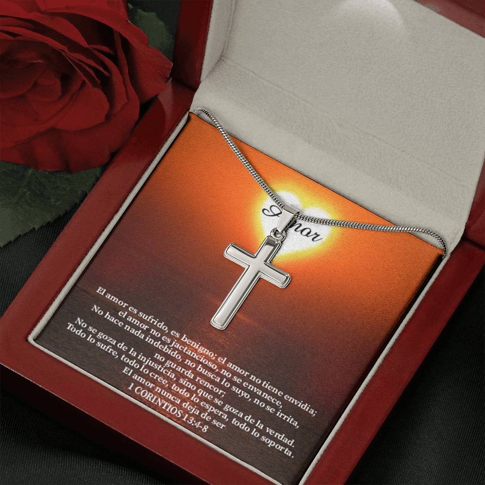 Scripture Card Christian Encouragement Spanish Message 1 Corintos 13:4-8 Cross Card Necklace w Stainless Steel Pendant Religious Gift-Express Your Love Gifts