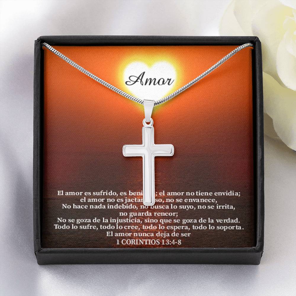 Scripture Card Christian Encouragement Spanish Message 1 Corintos 13:4-8 Cross Card Necklace w Stainless Steel Pendant Religious Gift-Express Your Love Gifts