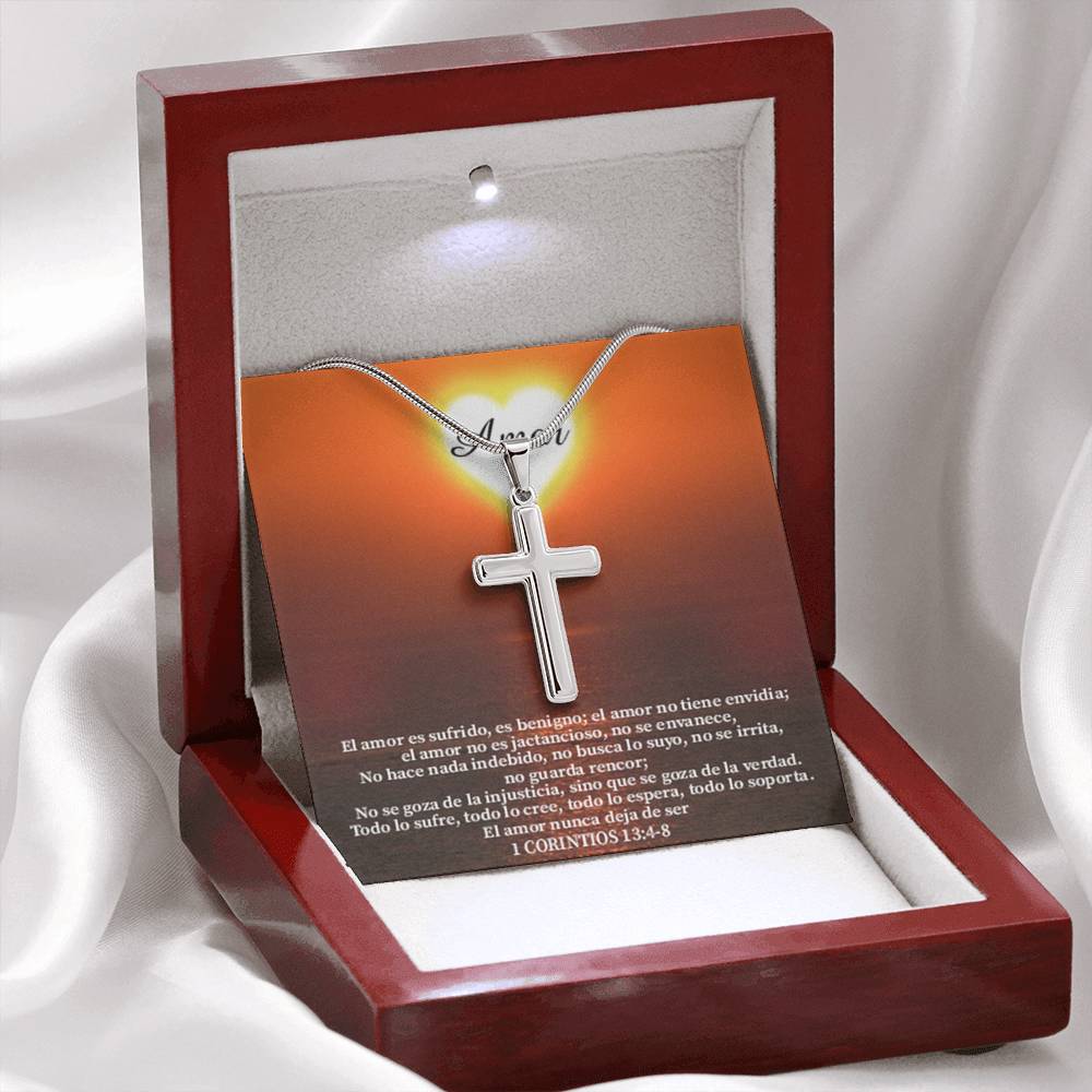 Scripture Card Christian Encouragement Spanish Message 1 Corintos 13:4-8 Cross Card Necklace w Stainless Steel Pendant Religious Gift-Express Your Love Gifts