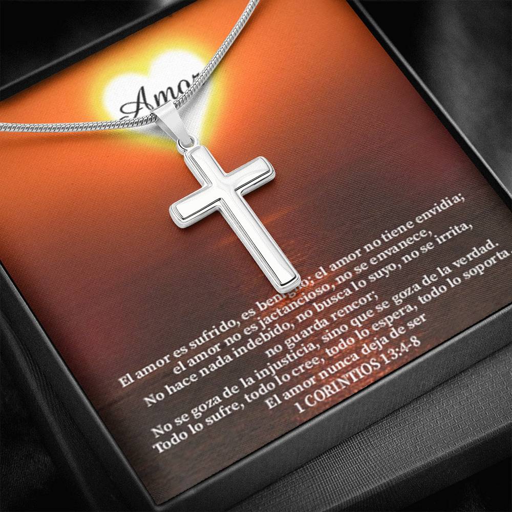 Scripture Card Christian Encouragement Spanish Message 1 Corintos 13:4-8 Cross Card Necklace w Stainless Steel Pendant Religious Gift-Express Your Love Gifts