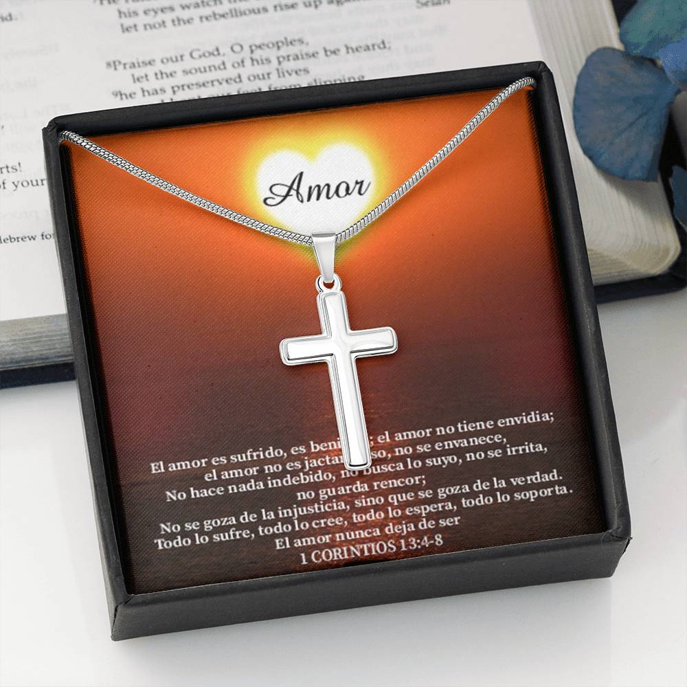 Scripture Card Christian Encouragement Spanish Message 1 Corintos 13:4-8 Cross Card Necklace w Stainless Steel Pendant Religious Gift-Express Your Love Gifts