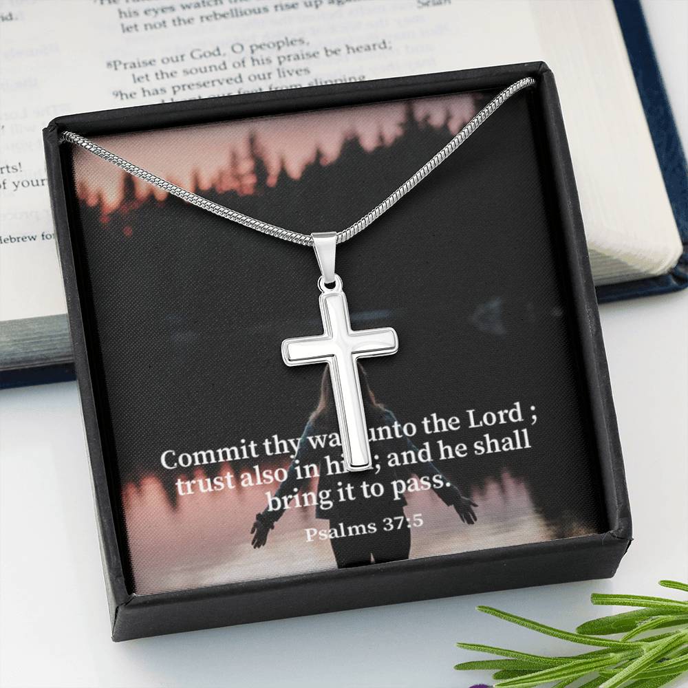 Scripture Card Commit Psalm 37:5 Cross Card Necklace w Stainless Steel Pendant Religious Gift-Express Your Love Gifts