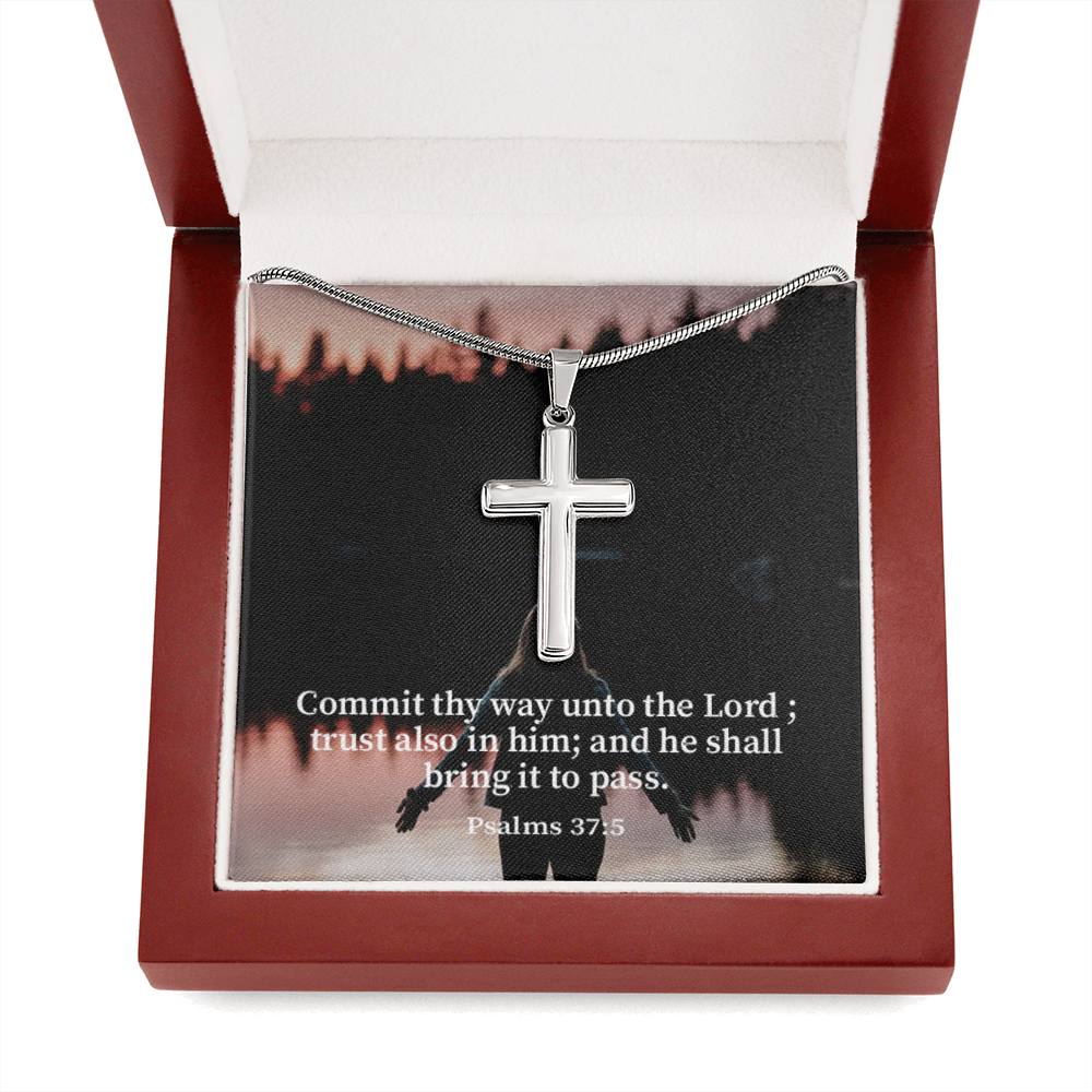 Scripture Card Commit Psalm 37:5 Cross Card Necklace w Stainless Steel Pendant Religious Gift-Express Your Love Gifts