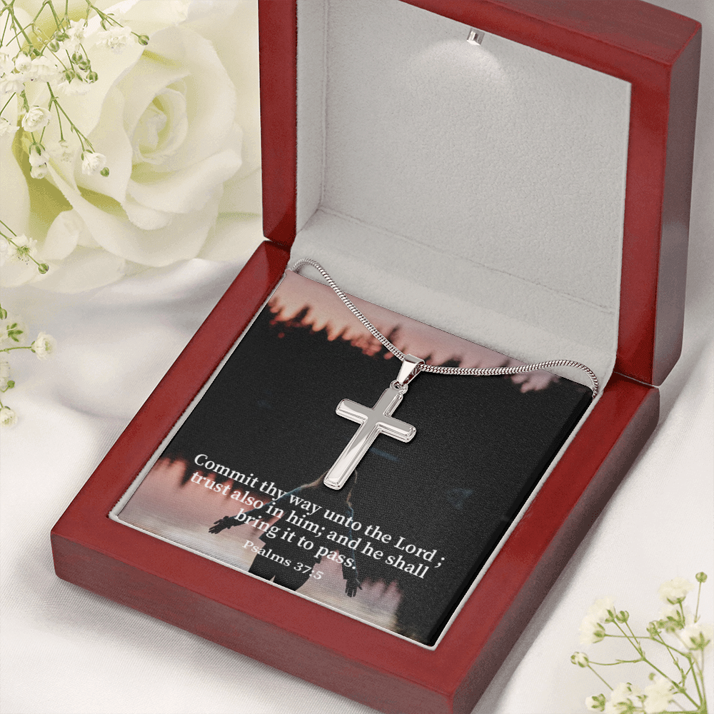 Scripture Card Commit Psalm 37:5 Cross Card Necklace w Stainless Steel Pendant Religious Gift-Express Your Love Gifts