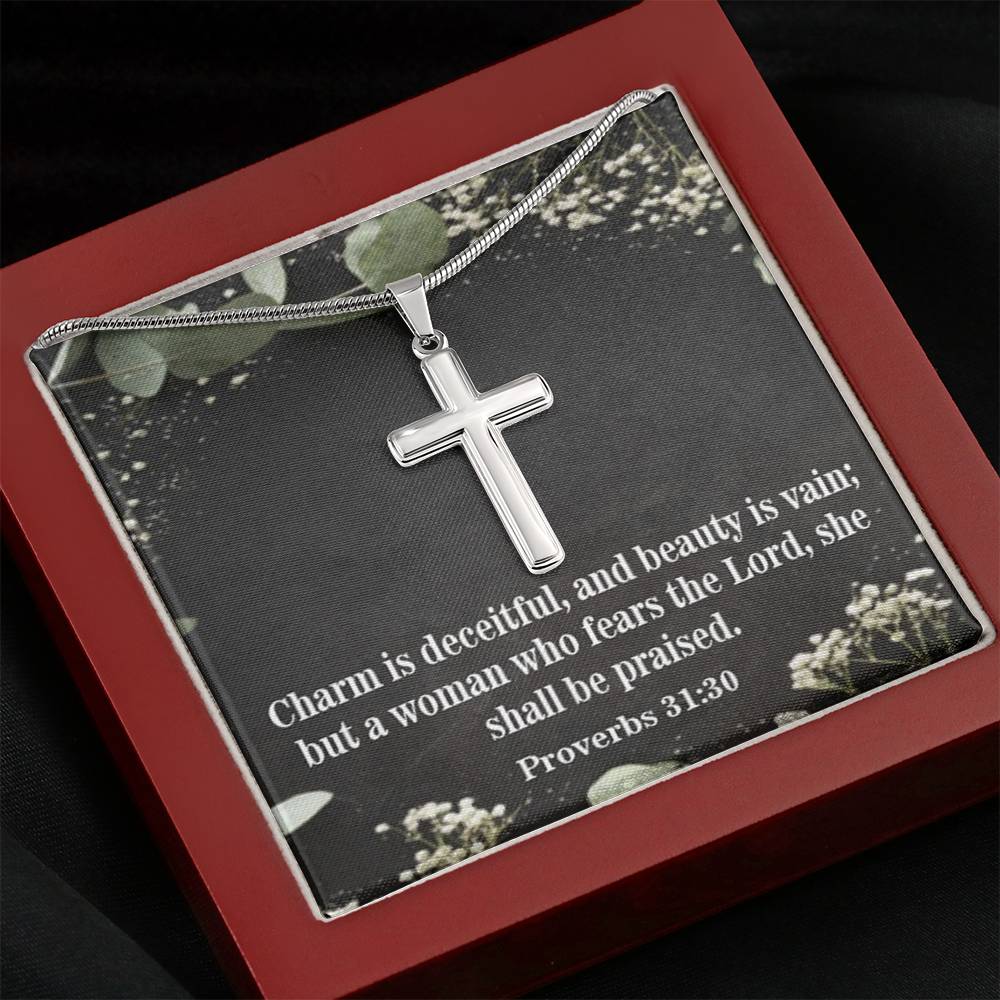 Scripture Card Fear The Lord Proverbs 31:30 Cross Card Necklace w Stainless Steel Pendant Religious Gift-Express Your Love Gifts