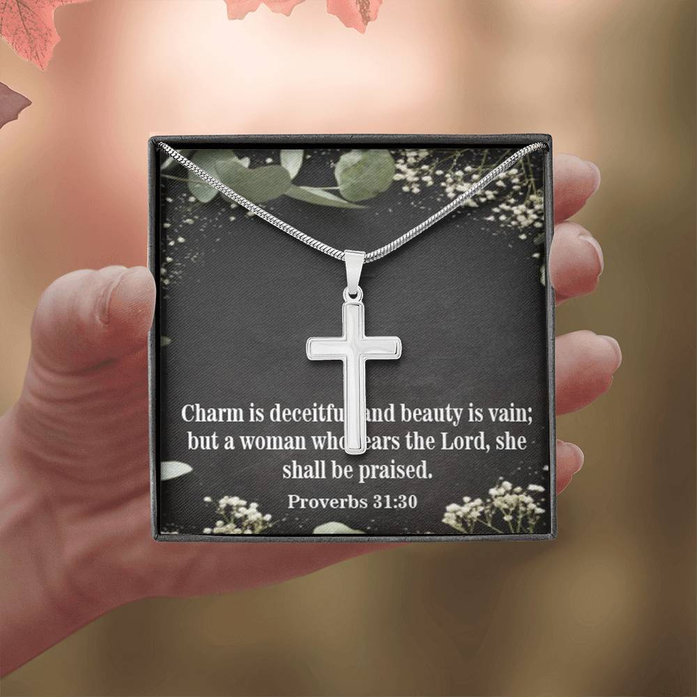 Scripture Card Fear The Lord Proverbs 31:30 Cross Card Necklace w Stainless Steel Pendant Religious Gift-Express Your Love Gifts