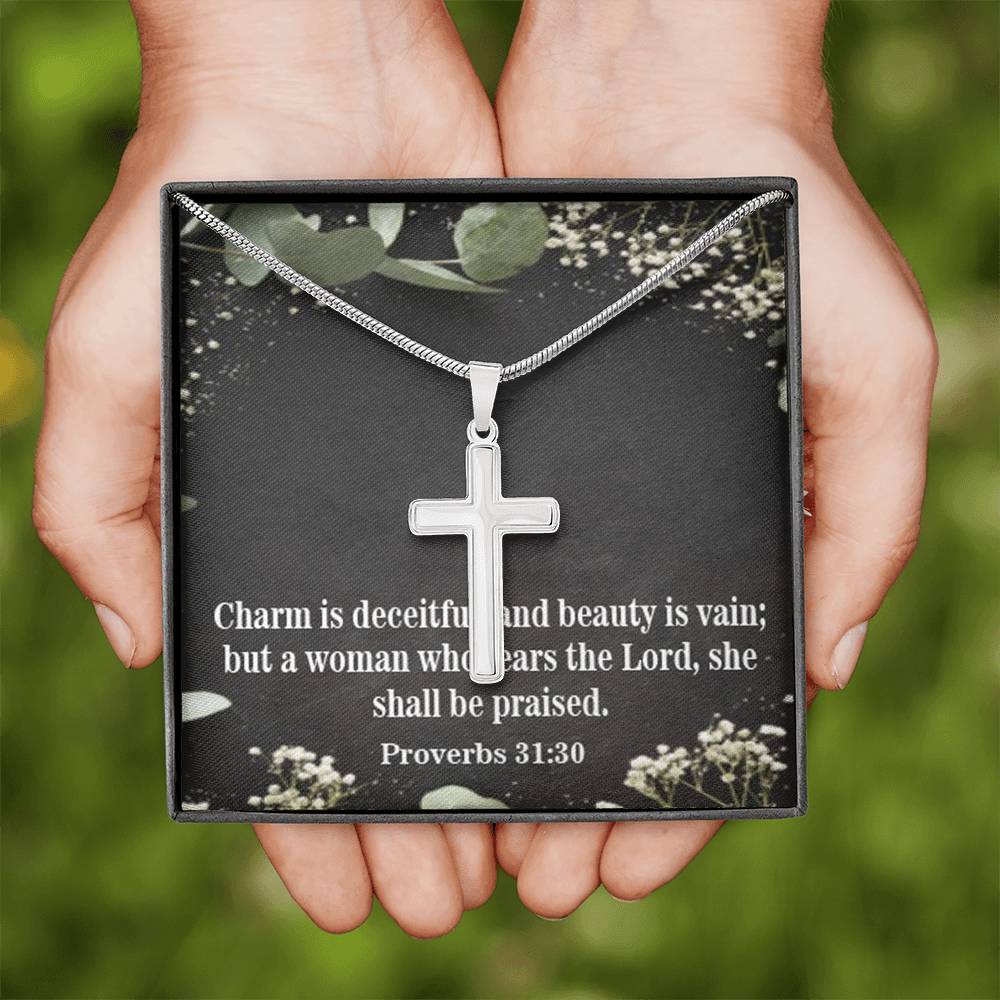Scripture Card Fear The Lord Proverbs 31:30 Cross Card Necklace w Stainless Steel Pendant Religious Gift-Express Your Love Gifts