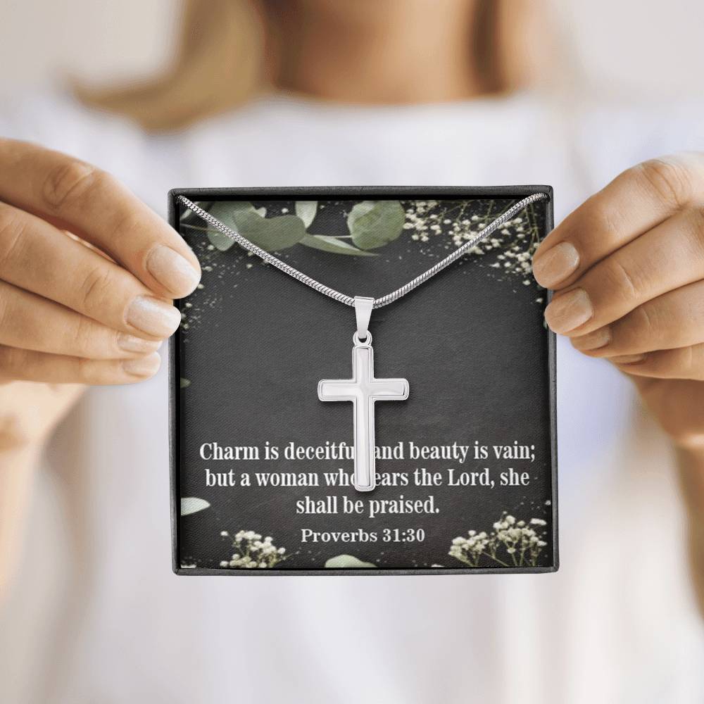 Scripture Card Fear The Lord Proverbs 31:30 Cross Card Necklace w Stainless Steel Pendant Religious Gift-Express Your Love Gifts