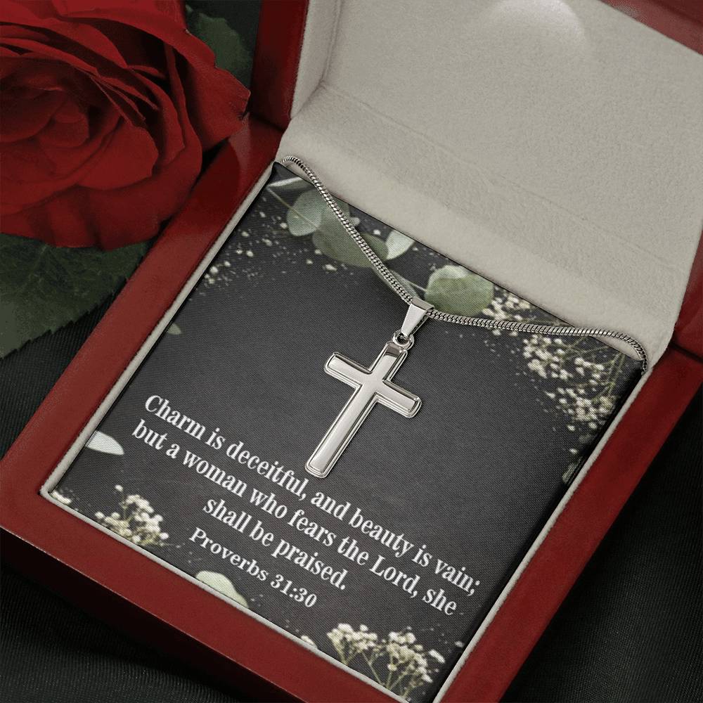 Scripture Card Fear The Lord Proverbs 31:30 Cross Card Necklace w Stainless Steel Pendant Religious Gift-Express Your Love Gifts