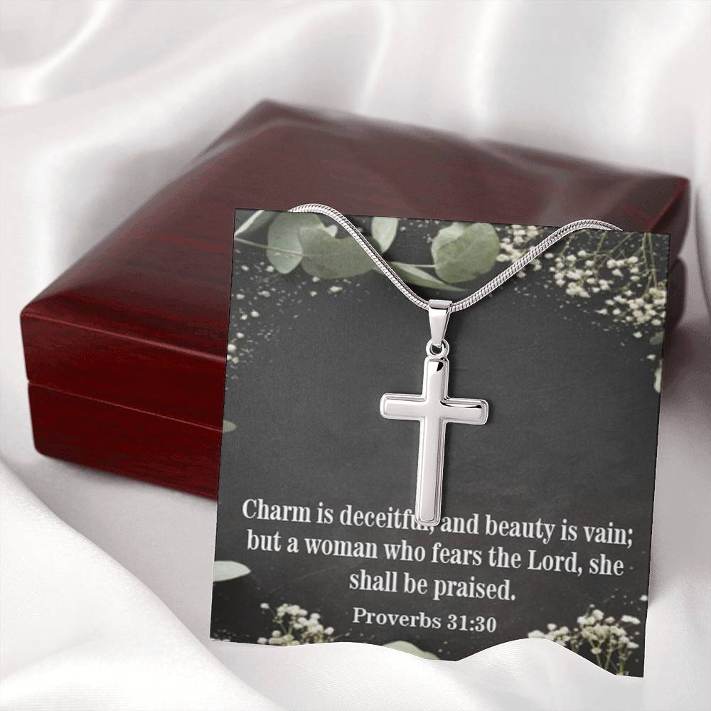 Scripture Card Fear The Lord Proverbs 31:30 Cross Card Necklace w Stainless Steel Pendant Religious Gift-Express Your Love Gifts