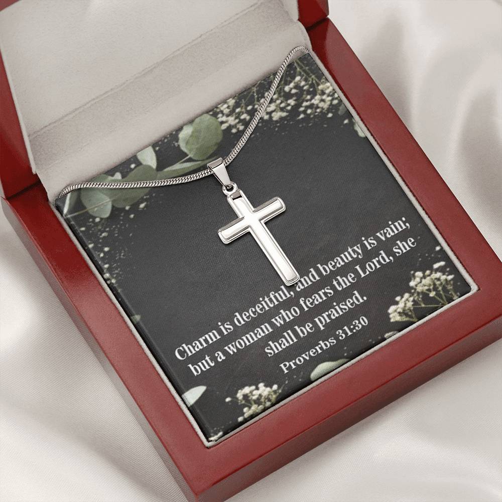 Scripture Card Fear The Lord Proverbs 31:30 Cross Card Necklace w Stainless Steel Pendant Religious Gift-Express Your Love Gifts