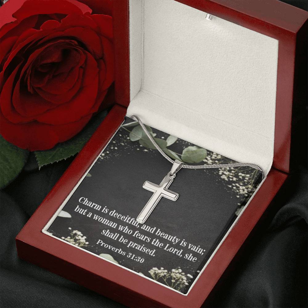 Scripture Card Fear The Lord Proverbs 31:30 Cross Card Necklace w Stainless Steel Pendant Religious Gift-Express Your Love Gifts