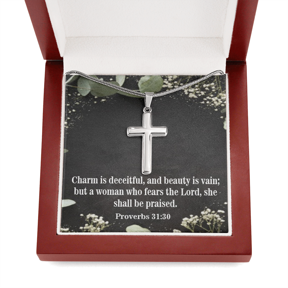 Scripture Card Fear The Lord Proverbs 31:30 Cross Card Necklace w Stainless Steel Pendant Religious Gift-Express Your Love Gifts