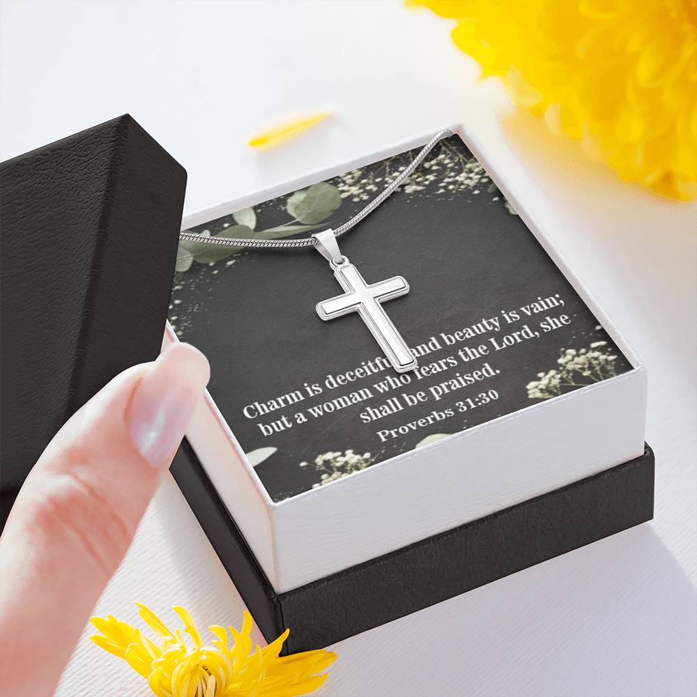 Scripture Card Fear The Lord Proverbs 31:30 Cross Card Necklace w Stainless Steel Pendant Religious Gift-Express Your Love Gifts