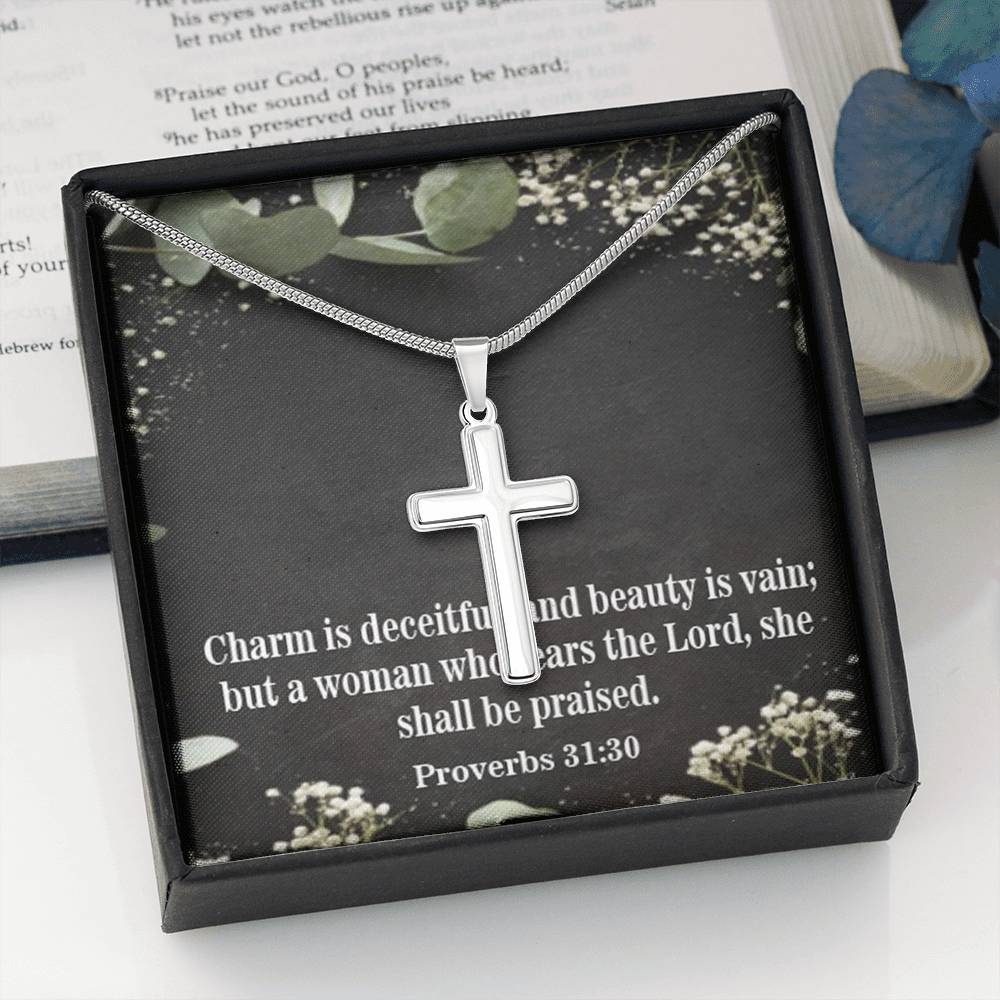 Scripture Card Fear The Lord Proverbs 31:30 Cross Card Necklace w Stainless Steel Pendant Religious Gift-Express Your Love Gifts