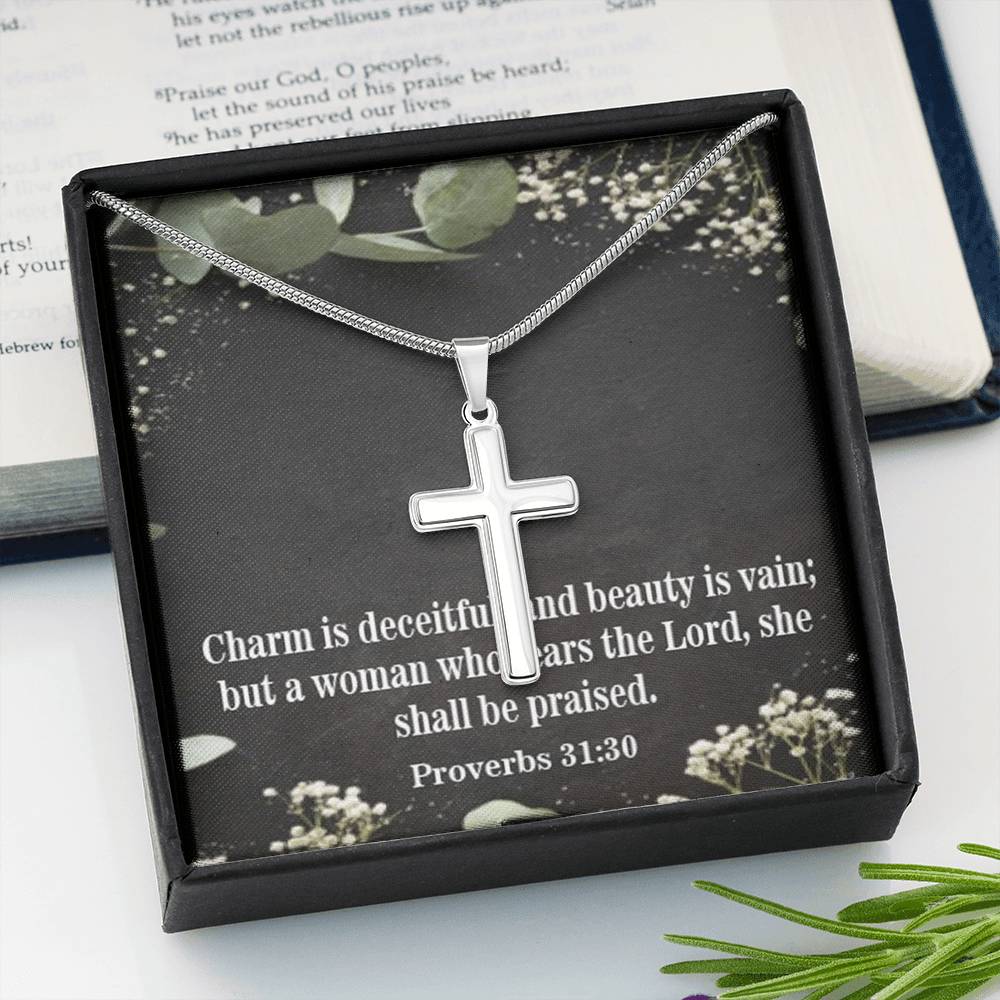 Scripture Card Fear The Lord Proverbs 31:30 Cross Card Necklace w Stainless Steel Pendant Religious Gift-Express Your Love Gifts