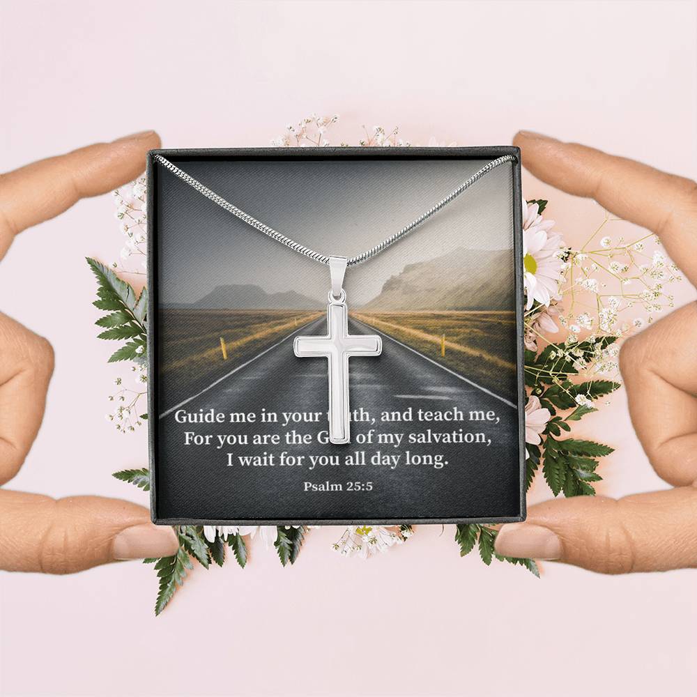 Scripture Card Guide Me Psalm 25:5 Cross Card Necklace w Stainless Steel Pendant Religious Gift-Express Your Love Gifts