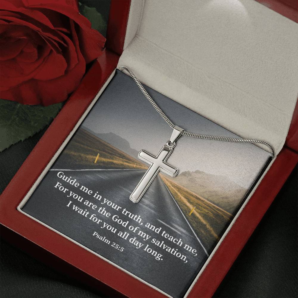 Scripture Card Guide Me Psalm 25:5 Cross Card Necklace w Stainless Steel Pendant Religious Gift-Express Your Love Gifts
