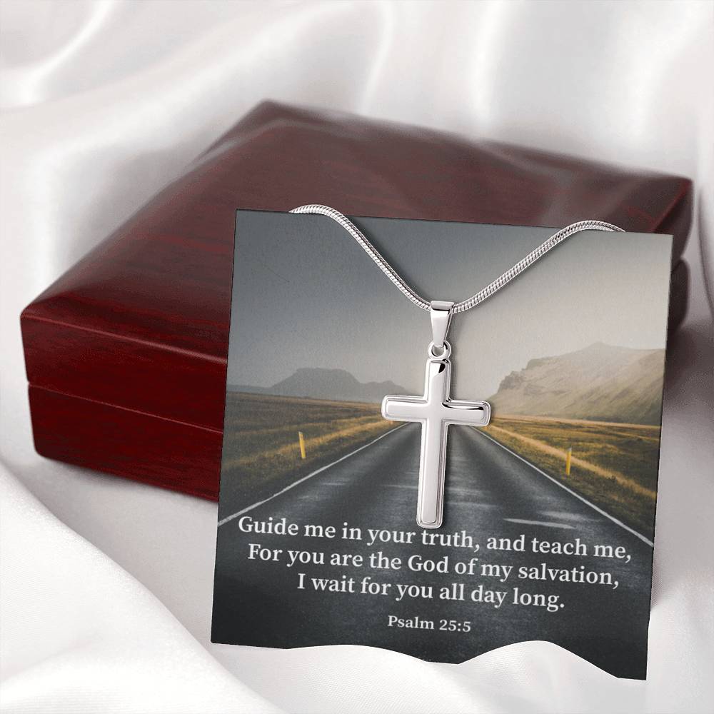 Scripture Card Guide Me Psalm 25:5 Cross Card Necklace w Stainless Steel Pendant Religious Gift-Express Your Love Gifts