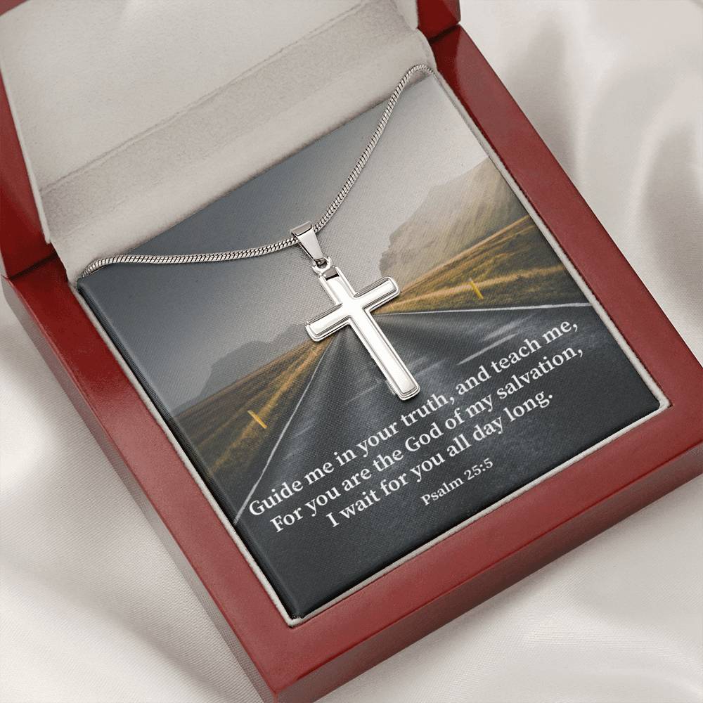 Scripture Card Guide Me Psalm 25:5 Cross Card Necklace w Stainless Steel Pendant Religious Gift-Express Your Love Gifts