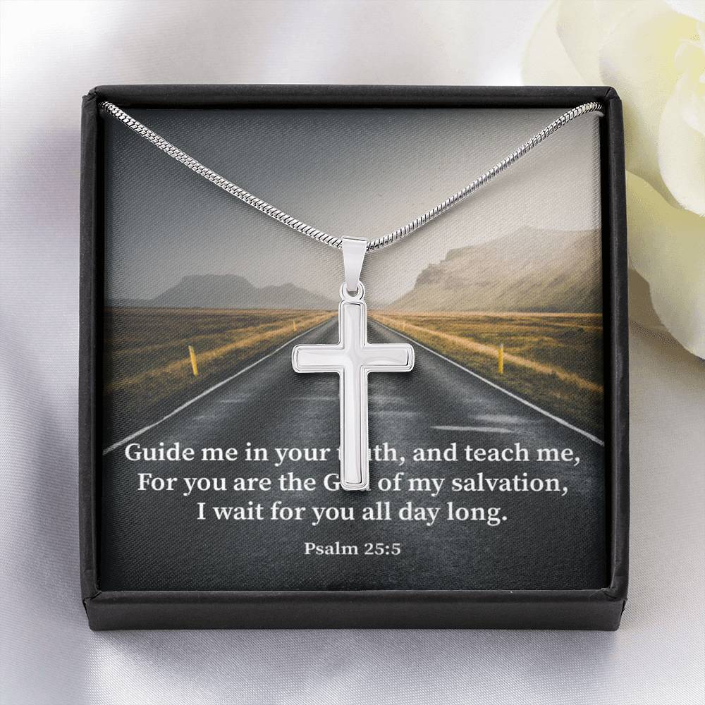 Scripture Card Guide Me Psalm 25:5 Cross Card Necklace w Stainless Steel Pendant Religious Gift-Express Your Love Gifts