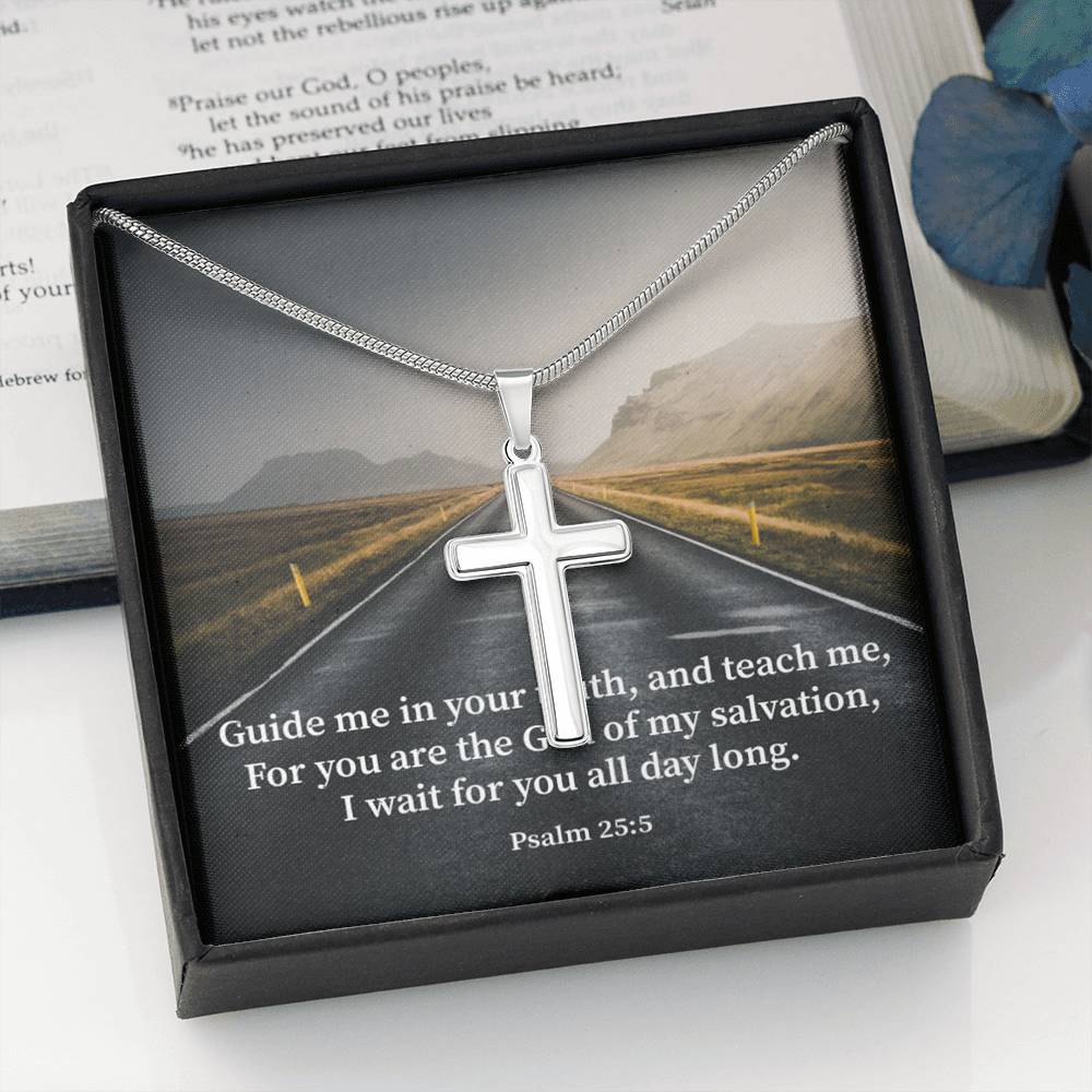 Scripture Card Guide Me Psalm 25:5 Cross Card Necklace w Stainless Steel Pendant Religious Gift-Express Your Love Gifts