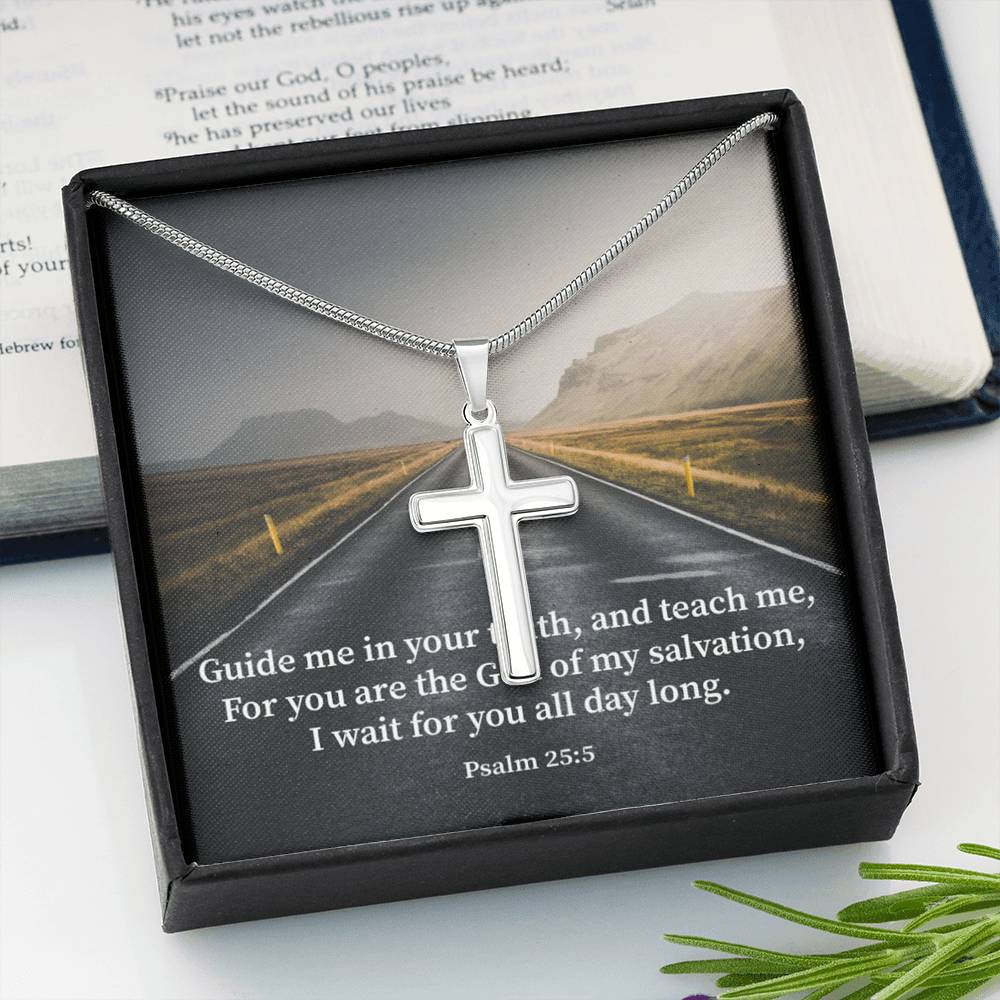 Scripture Card Guide Me Psalm 25:5 Cross Card Necklace w Stainless Steel Pendant Religious Gift-Express Your Love Gifts