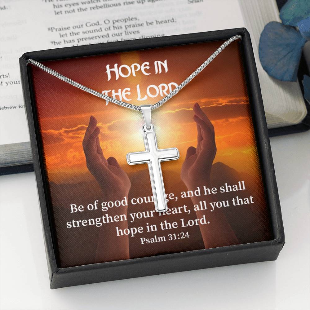 Scripture Card Hope In The Lord Psalm 31:24 Cross Card Necklace w Stainless Steel Pendant Religious Gift-Express Your Love Gifts