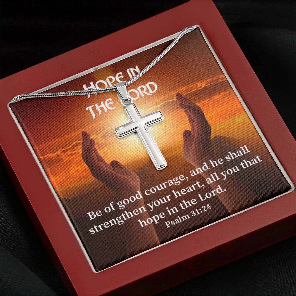 Scripture Card Hope In The Lord Psalm 31:24 Cross Card Necklace w Stainless Steel Pendant Religious Gift-Express Your Love Gifts