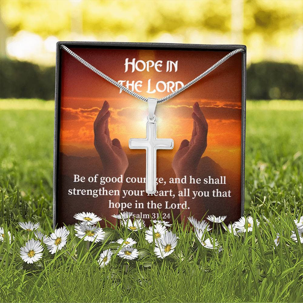 Scripture Card Hope In The Lord Psalm 31:24 Cross Card Necklace w Stainless Steel Pendant Religious Gift-Express Your Love Gifts