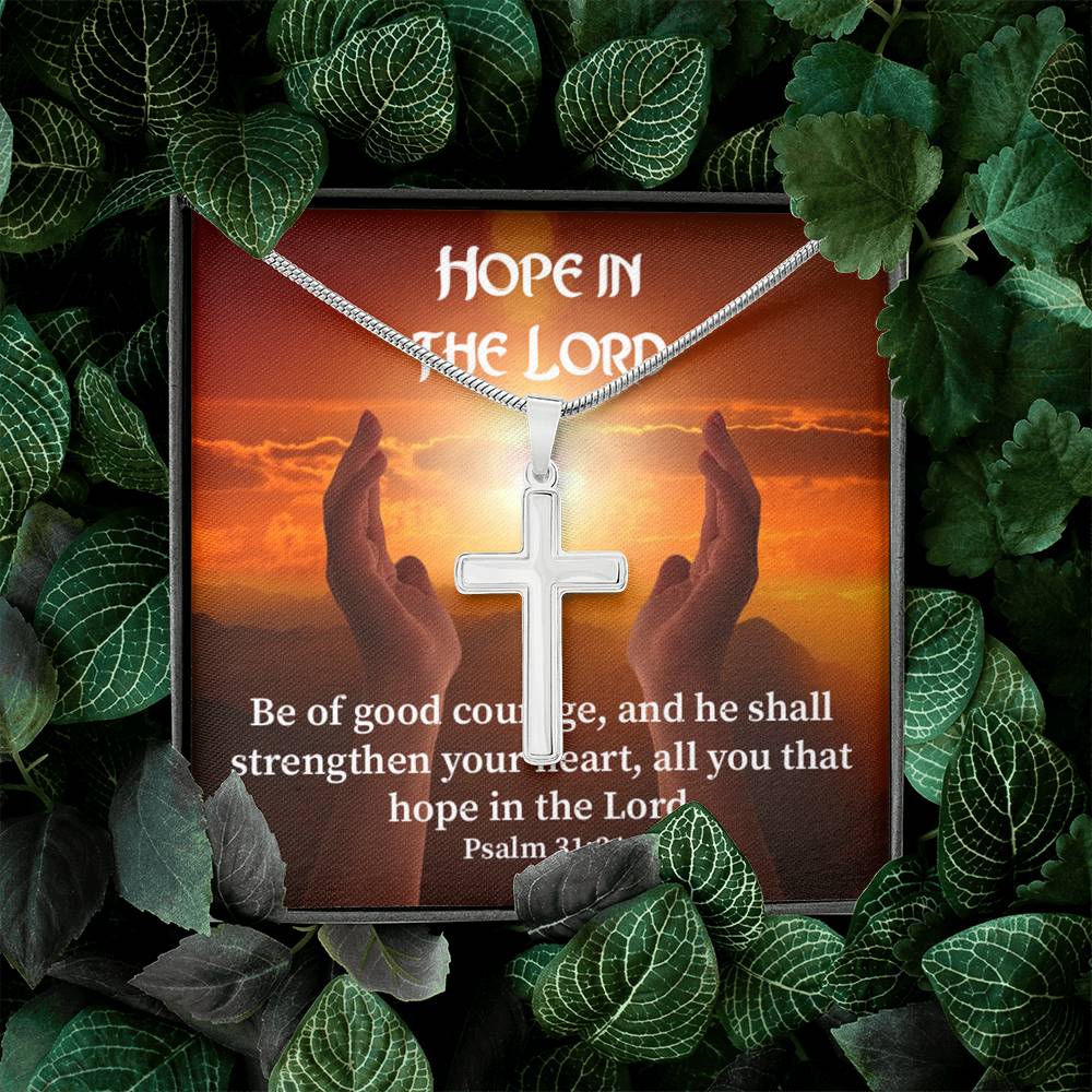 Scripture Card Hope In The Lord Psalm 31:24 Cross Card Necklace w Stainless Steel Pendant Religious Gift-Express Your Love Gifts