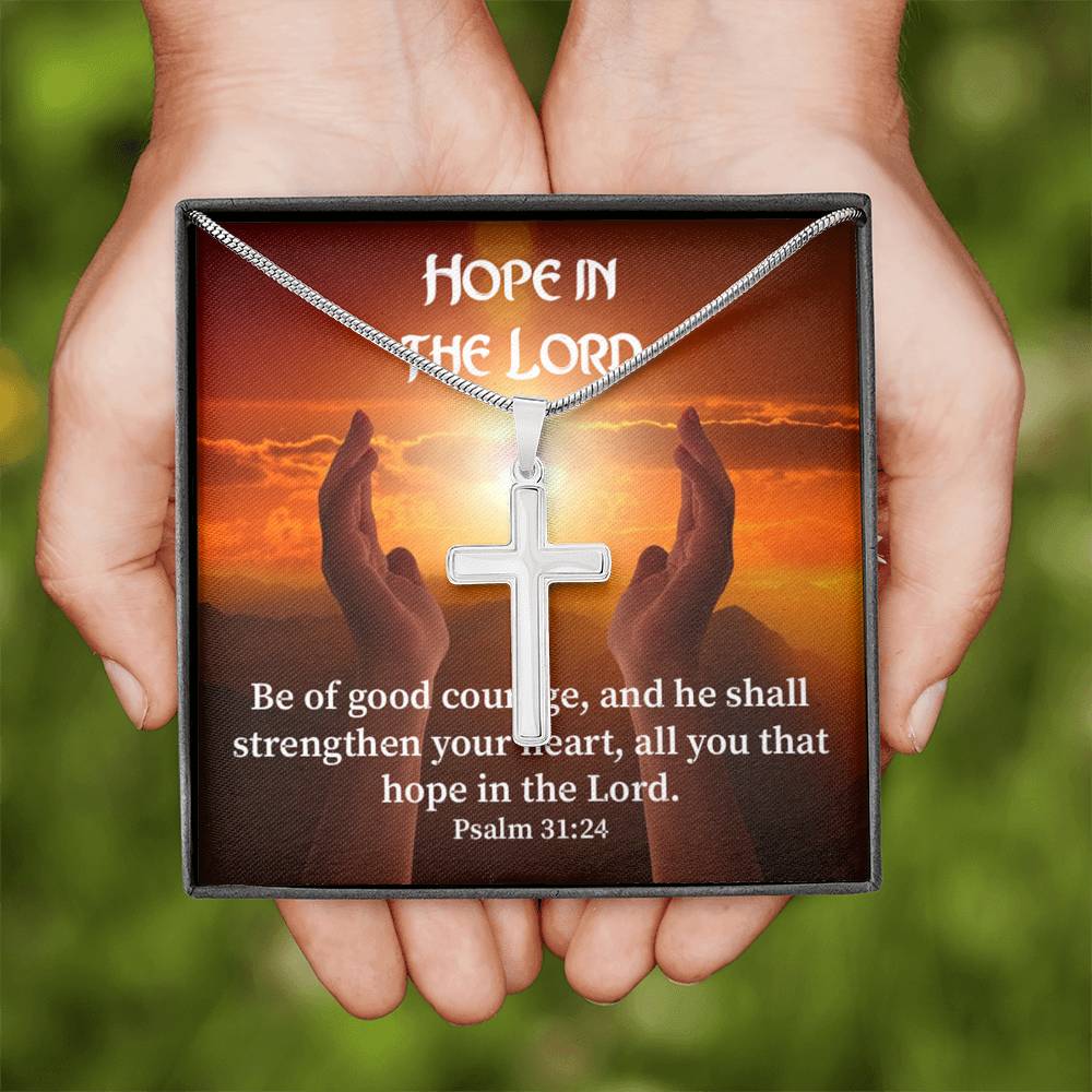 Scripture Card Hope In The Lord Psalm 31:24 Cross Card Necklace w Stainless Steel Pendant Religious Gift-Express Your Love Gifts
