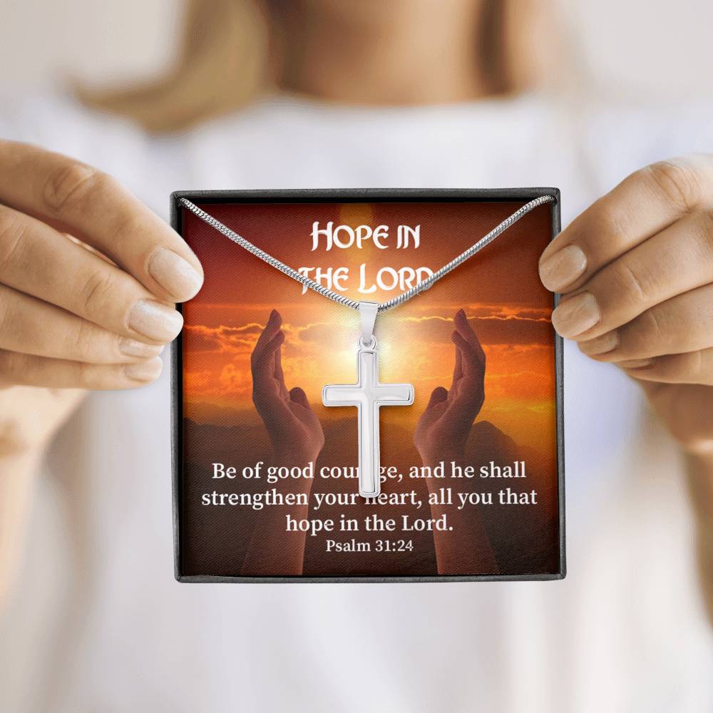 Scripture Card Hope In The Lord Psalm 31:24 Cross Card Necklace w Stainless Steel Pendant Religious Gift-Express Your Love Gifts