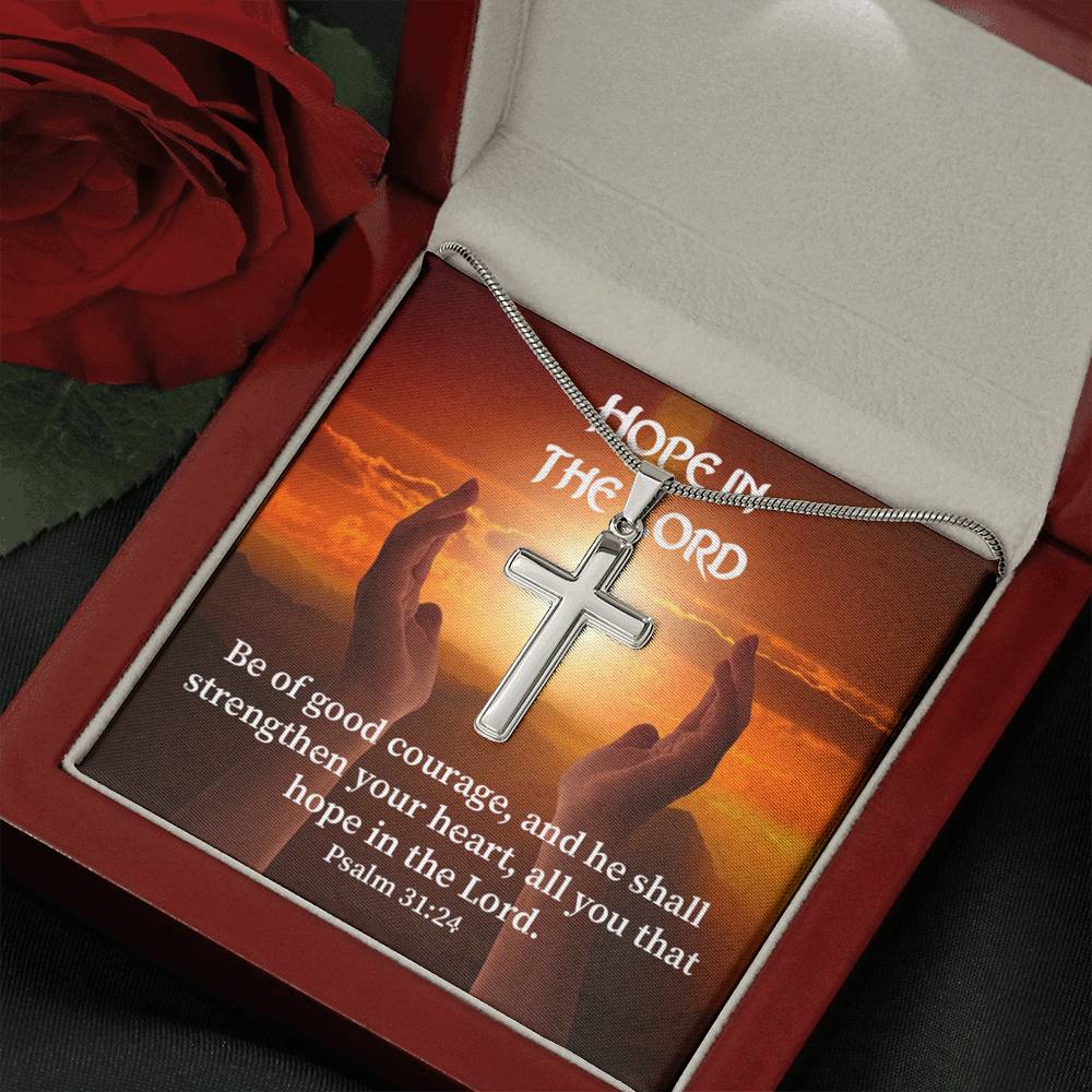 Scripture Card Hope In The Lord Psalm 31:24 Cross Card Necklace w Stainless Steel Pendant Religious Gift-Express Your Love Gifts