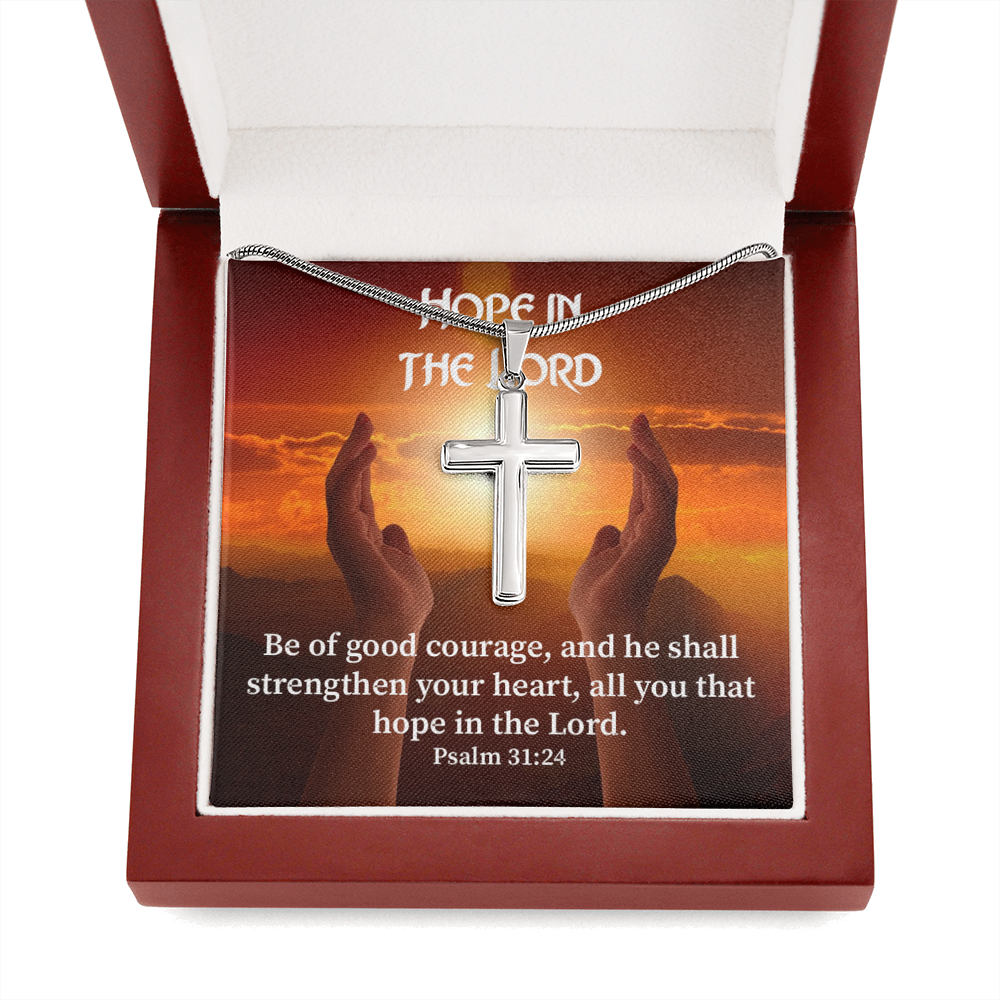 Scripture Card Hope In The Lord Psalm 31:24 Cross Card Necklace w Stainless Steel Pendant Religious Gift-Express Your Love Gifts