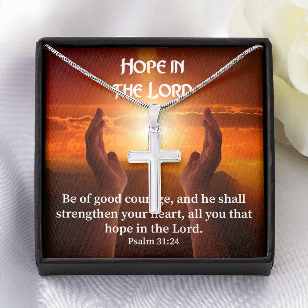 Scripture Card Hope In The Lord Psalm 31:24 Cross Card Necklace w Stainless Steel Pendant Religious Gift-Express Your Love Gifts