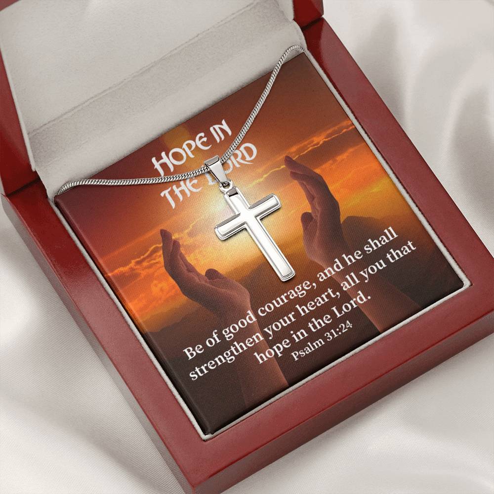 Scripture Card Hope In The Lord Psalm 31:24 Cross Card Necklace w Stainless Steel Pendant Religious Gift-Express Your Love Gifts