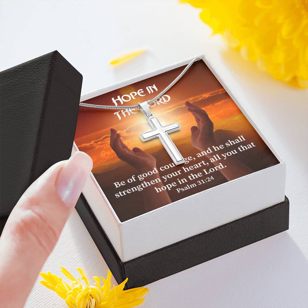 Scripture Card Hope In The Lord Psalm 31:24 Cross Card Necklace w Stainless Steel Pendant Religious Gift-Express Your Love Gifts