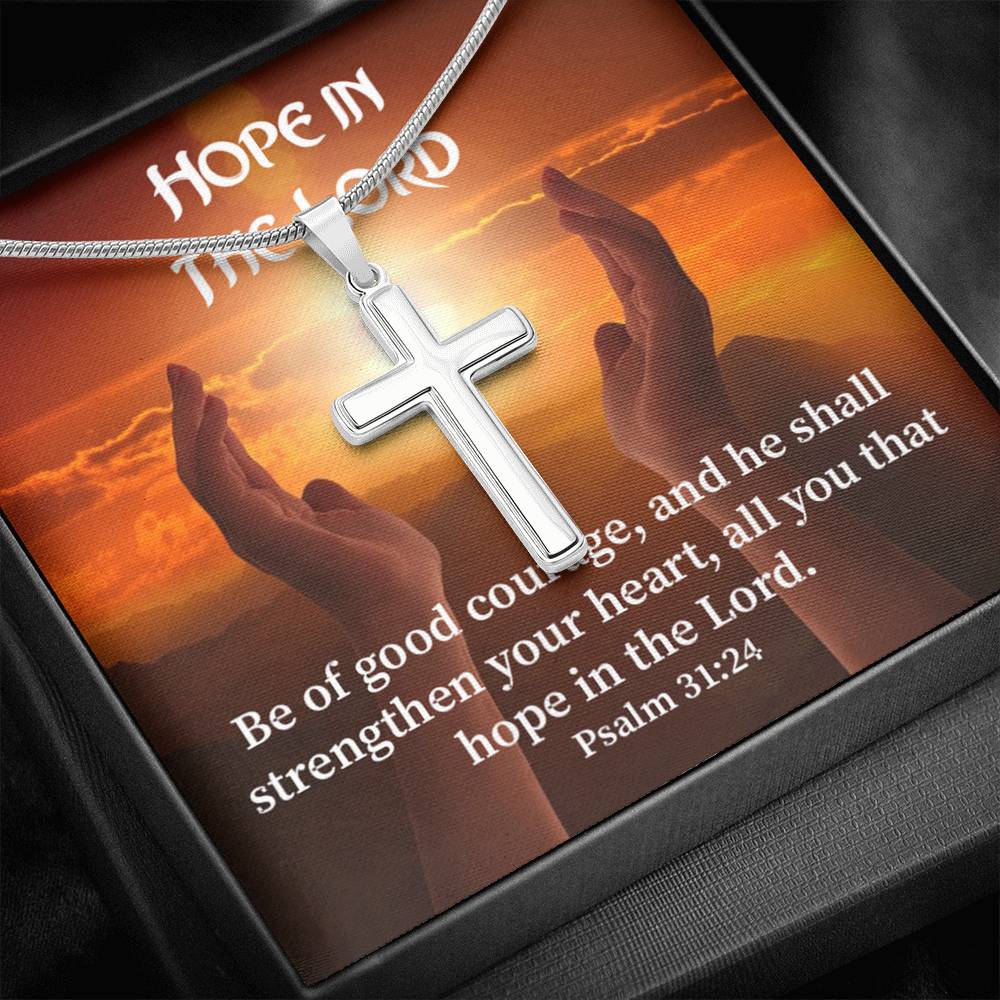 Scripture Card Hope In The Lord Psalm 31:24 Cross Card Necklace w Stainless Steel Pendant Religious Gift-Express Your Love Gifts