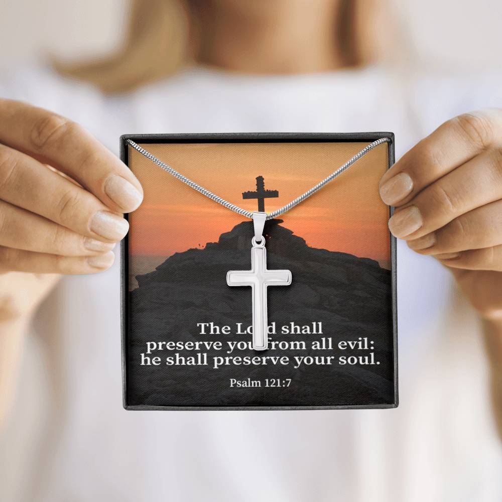 Scripture Card Hope Psalm 121:7 Cross Card Necklace w Stainless Steel Pendant Religious Gift-Express Your Love Gifts