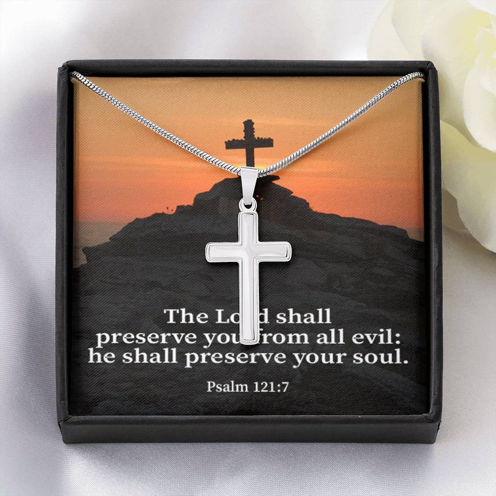 Scripture Card Hope Psalm 121:7 Cross Card Necklace w Stainless Steel Pendant Religious Gift-Express Your Love Gifts