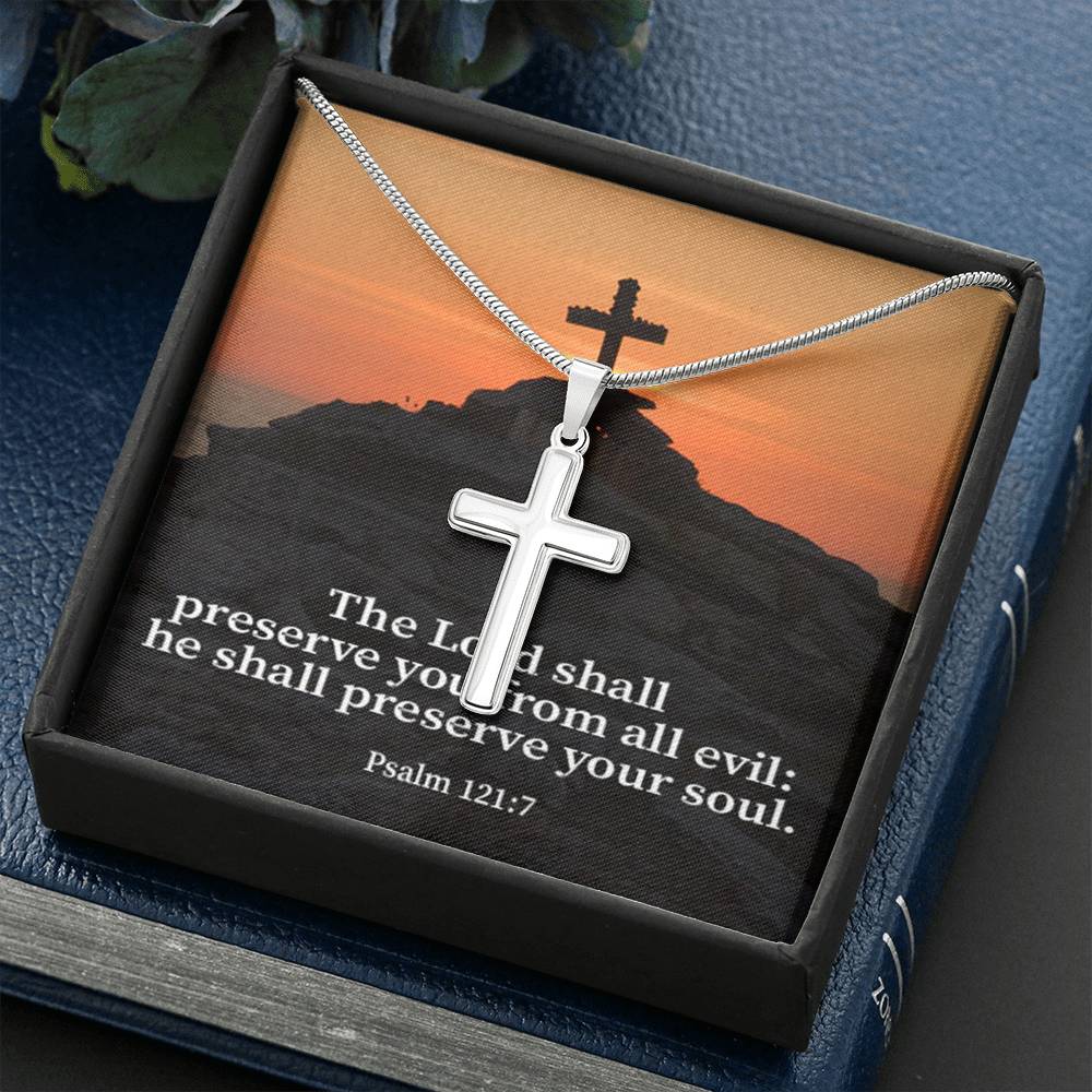 Scripture Card Hope Psalm 121:7 Cross Card Necklace w Stainless Steel Pendant Religious Gift-Express Your Love Gifts