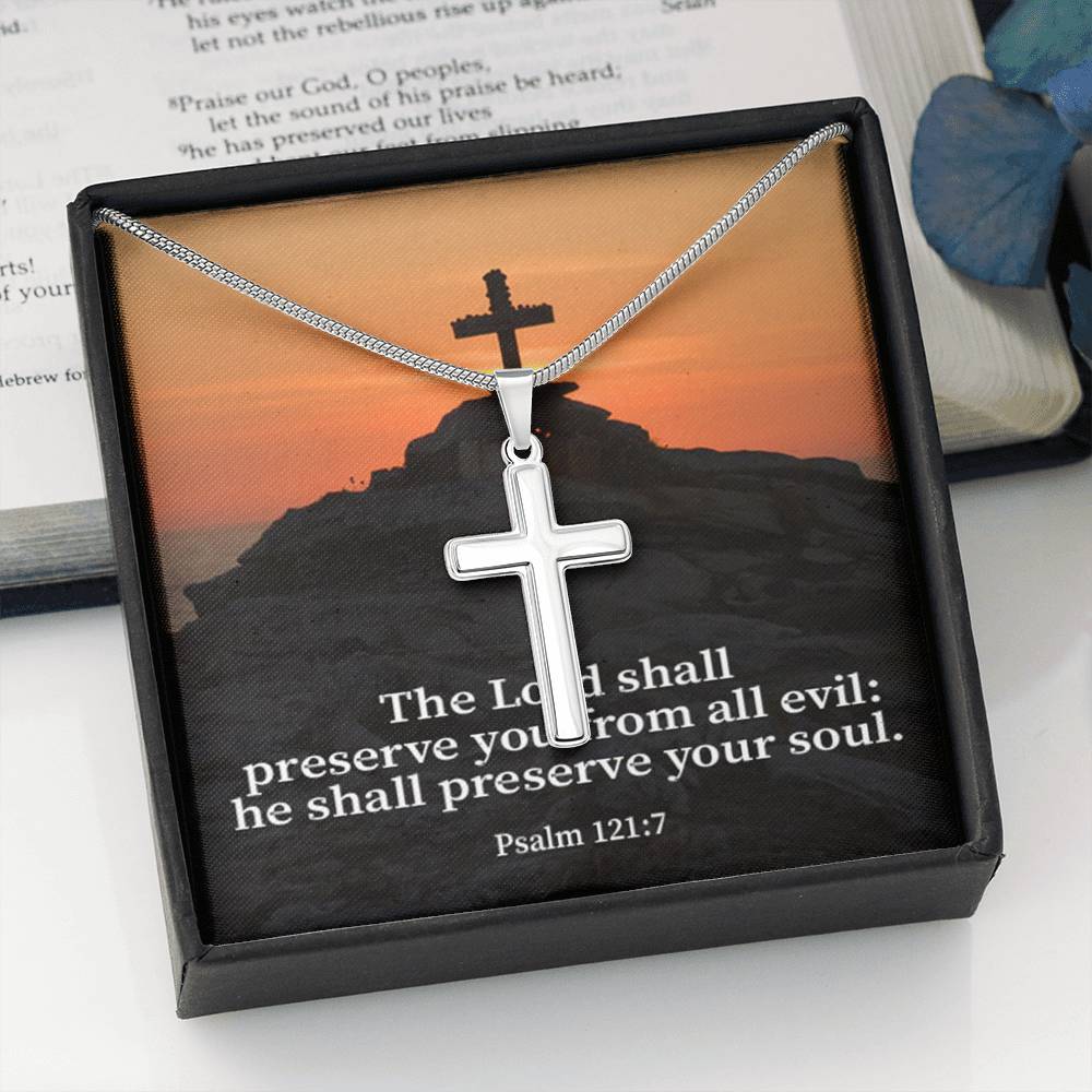 Scripture Card Hope Psalm 121:7 Cross Card Necklace w Stainless Steel Pendant Religious Gift-Express Your Love Gifts