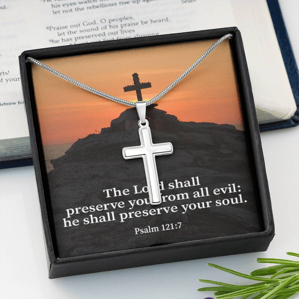 Scripture Card Hope Psalm 121:7 Cross Card Necklace w Stainless Steel Pendant Religious Gift-Express Your Love Gifts