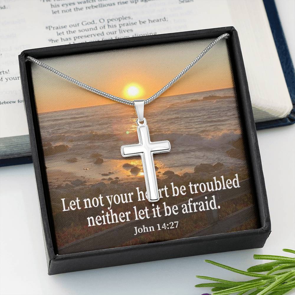 Scripture Card Let Not Your Heart Be Troubled John 14:27 Cross Card Necklace w Stainless Steel Pendant Religious Gift-Express Your Love Gifts