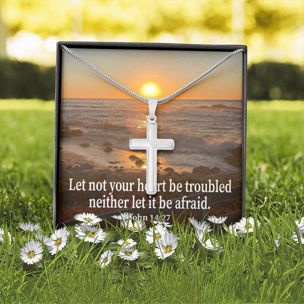 Scripture Card Let Not Your Heart Be Troubled John 14:27 Cross Card Necklace w Stainless Steel Pendant Religious Gift-Express Your Love Gifts