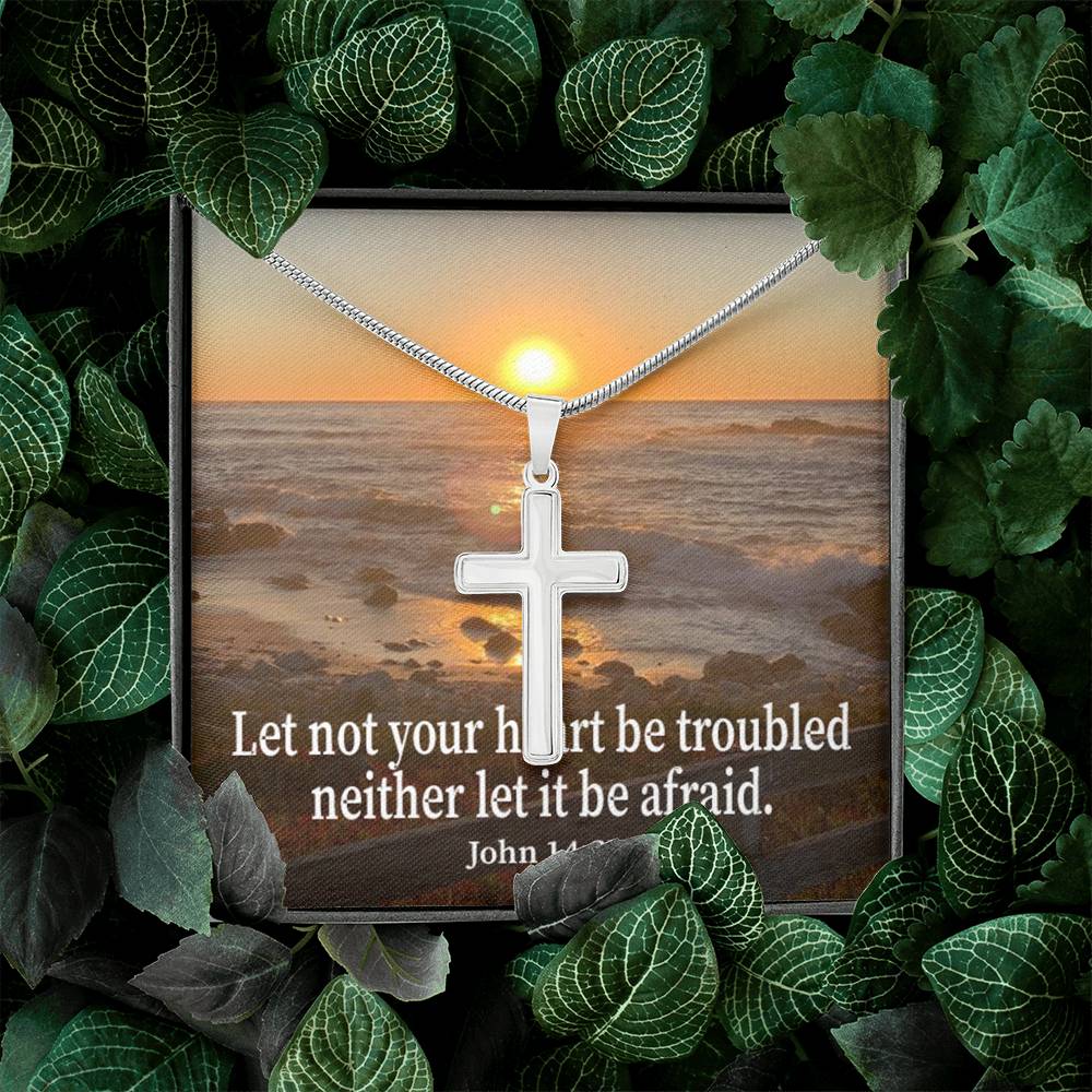 Scripture Card Let Not Your Heart Be Troubled John 14:27 Cross Card Necklace w Stainless Steel Pendant Religious Gift-Express Your Love Gifts
