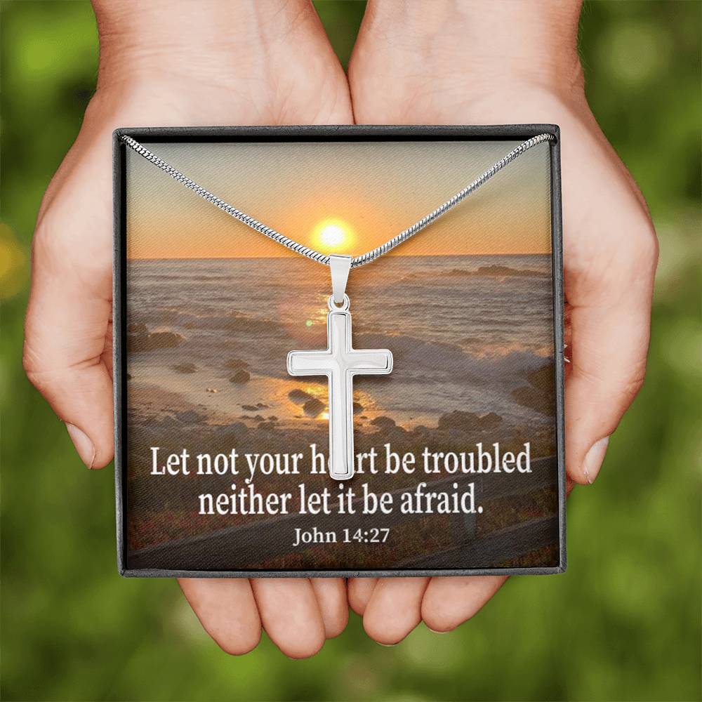 Scripture Card Let Not Your Heart Be Troubled John 14:27 Cross Card Necklace w Stainless Steel Pendant Religious Gift-Express Your Love Gifts