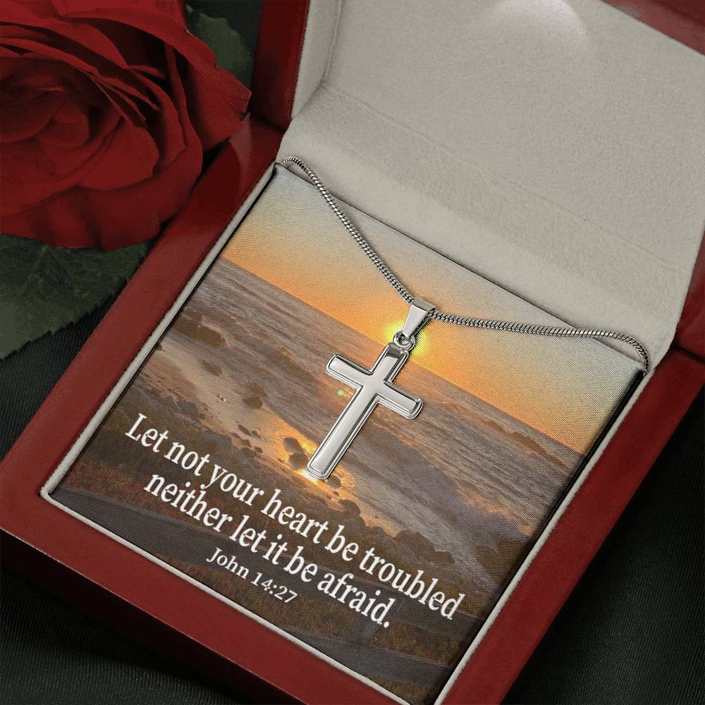Scripture Card Let Not Your Heart Be Troubled John 14:27 Cross Card Necklace w Stainless Steel Pendant Religious Gift-Express Your Love Gifts